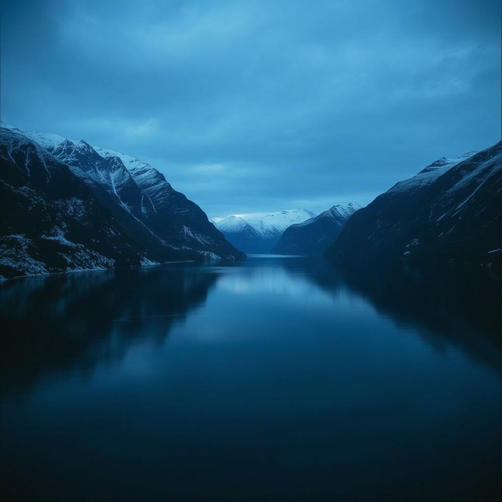 Norwegian fjord at blue hour